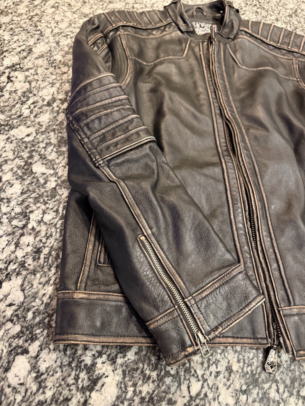 Affliction Black Leather Jacket with Embroidered Cross Back Detail NWOT Size 2XL - Picture 6 of 12